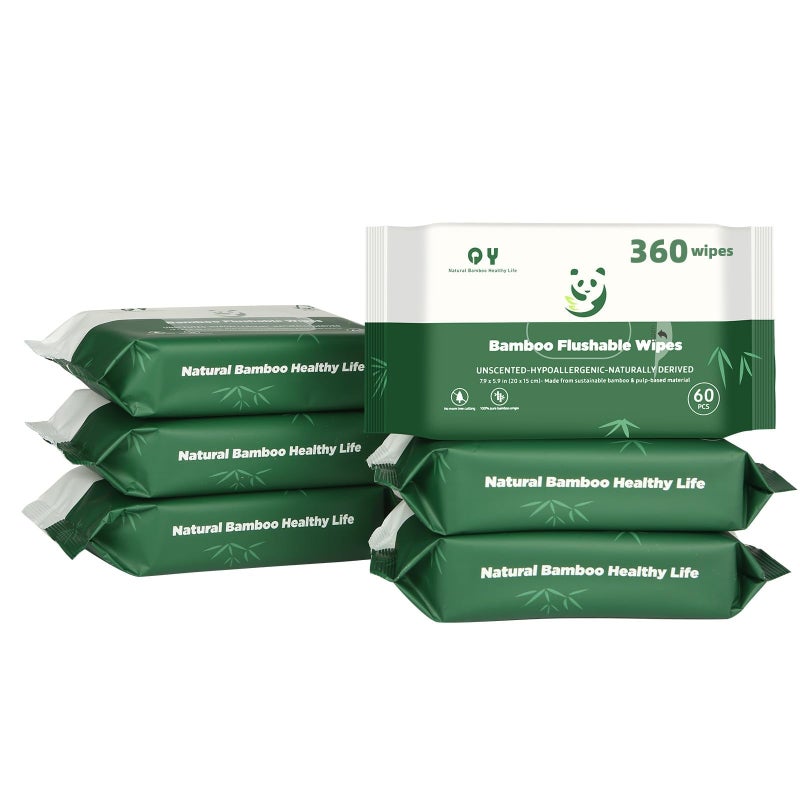 QingYa Bamboo Flushable Wipes,Septic Safe,Soft, Soothing Botanicals & Aloe, Unscented,Eco Friendly, Natural Brown Bamboo-Pulp Based Flusable Wipes for Women/kids/Adults 360Count (6 Packs of 60) - Image 1