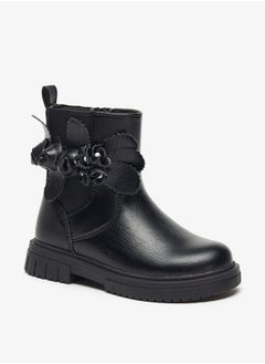 JUNIORS Girls Flower Applique Ankle Boots with Zip Closure and Pull Tab  - Image 1