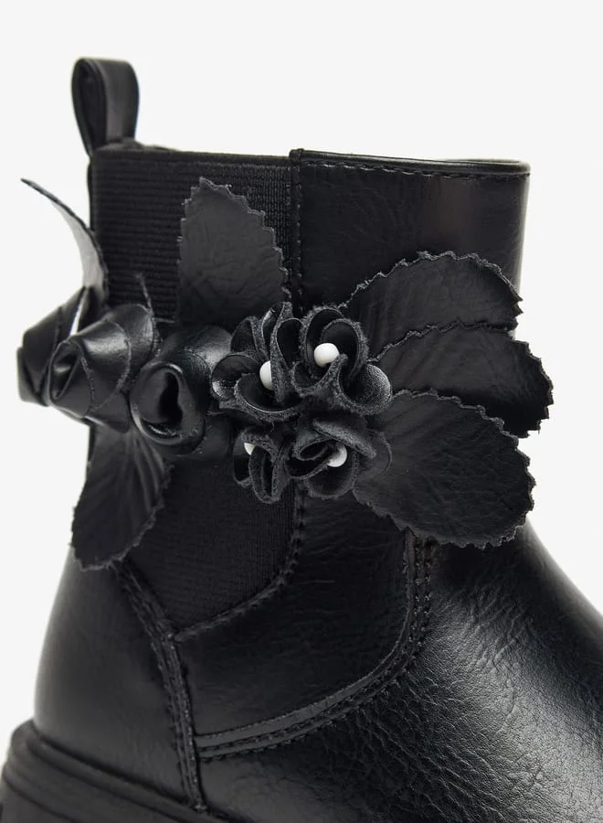 JUNIORS Girls Flower Applique Ankle Boots with Zip Closure and Pull Tab