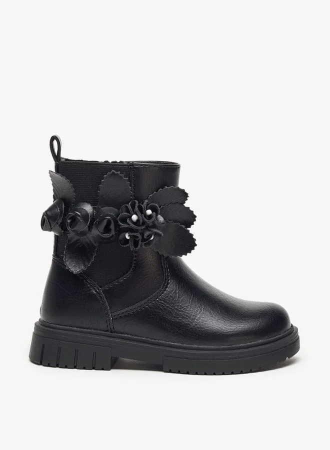JUNIORS Girls Flower Applique Ankle Boots with Zip Closure and Pull Tab