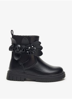 JUNIORS Girls Flower Applique Ankle Boots with Zip Closure and Pull Tab  - Image 3