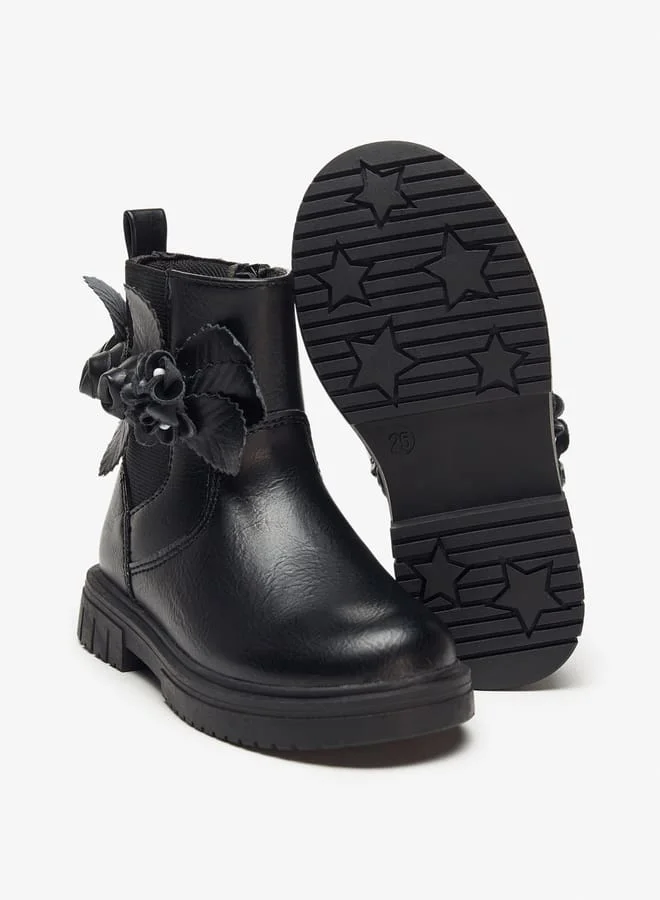 JUNIORS Girls Flower Applique Ankle Boots with Zip Closure and Pull Tab