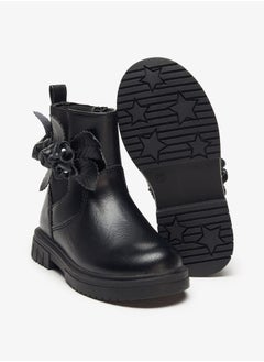 JUNIORS Girls Flower Applique Ankle Boots with Zip Closure and Pull Tab  - Image 4