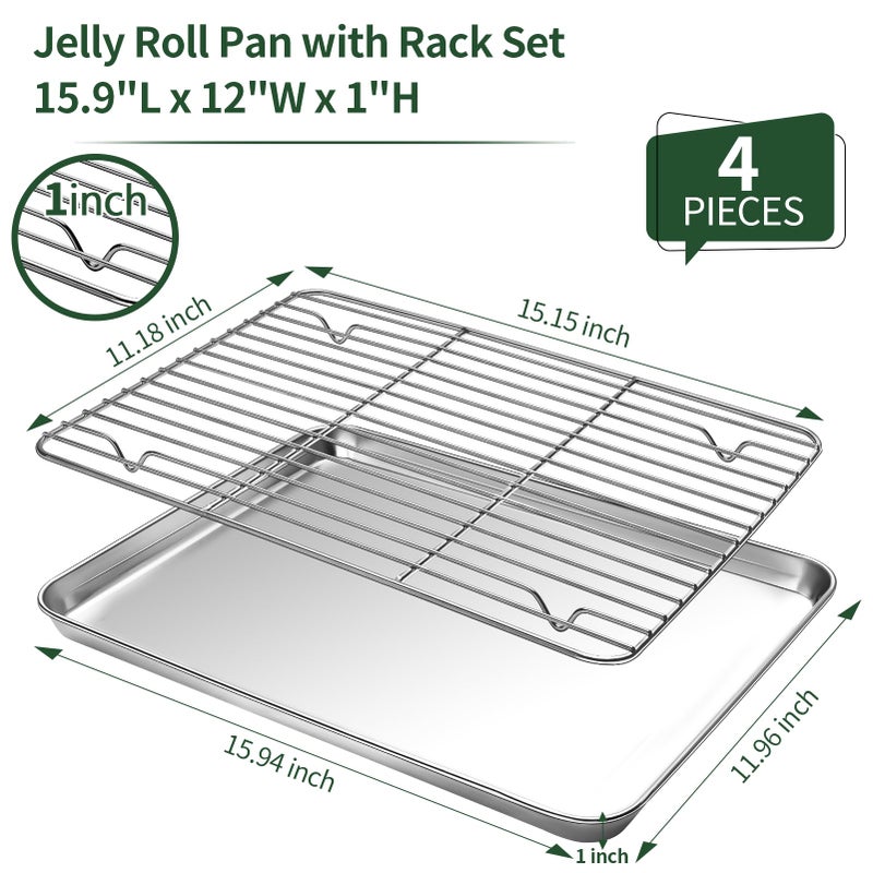 CEKEE Baking Sheet and Cooling Rack Set (2 Baking Pans + 2 Baking Racks), Stainless Steel Cookie Sheet Baking Pan Tray for Toaster Oven, Non Toxic & Heavy Duty & Easy Clean, Size 16 x 12 x 1 Inches - Image 2