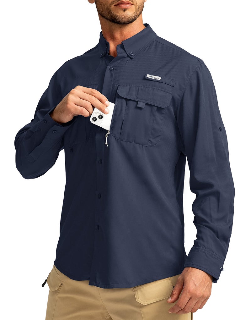Pudolla Men's Sun Protection Fishing Shirts Long Sleeve Travel Work Shirts for Men UPF50+ Button Down Shirts with Zipper Pockets(Navy Medium) - Image 2