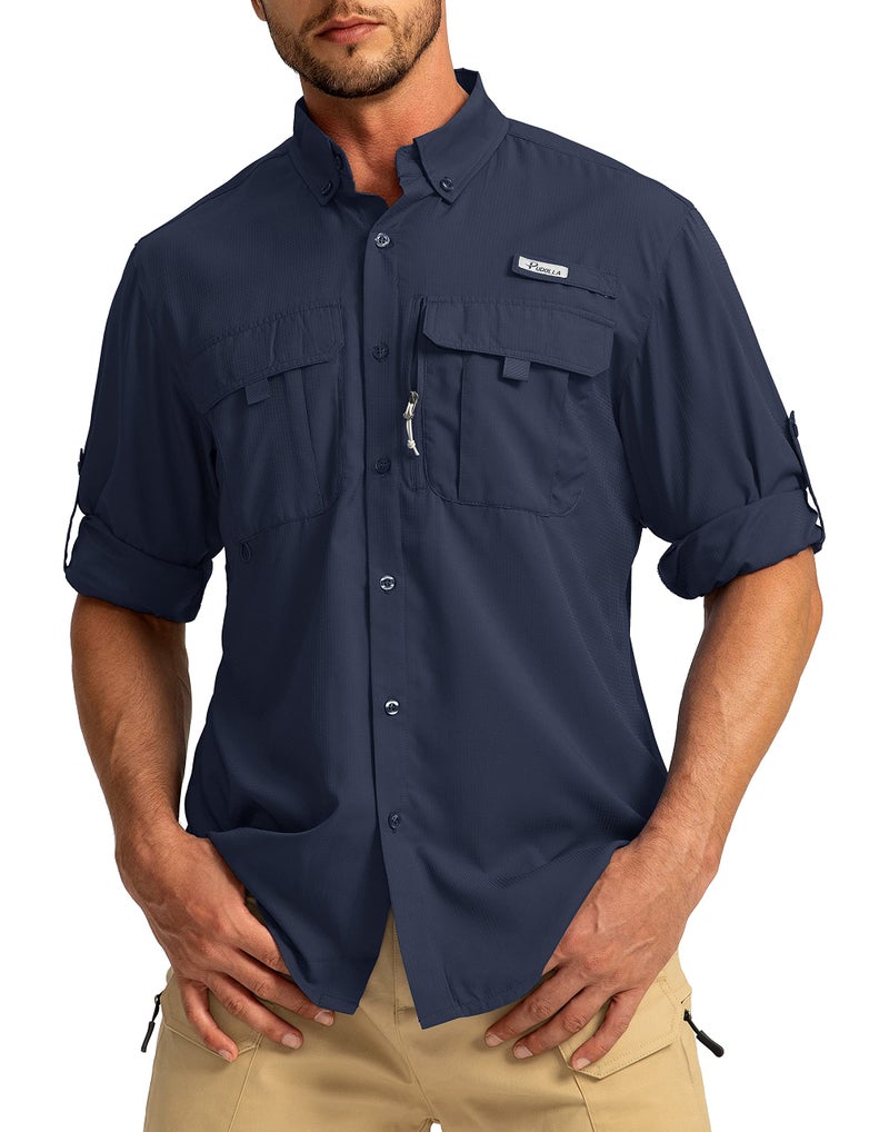 Pudolla Men's Sun Protection Fishing Shirts Long Sleeve Travel Work Shirts for Men UPF50+ Button Down Shirts with Zipper Pockets(Navy Medium) - Image 1