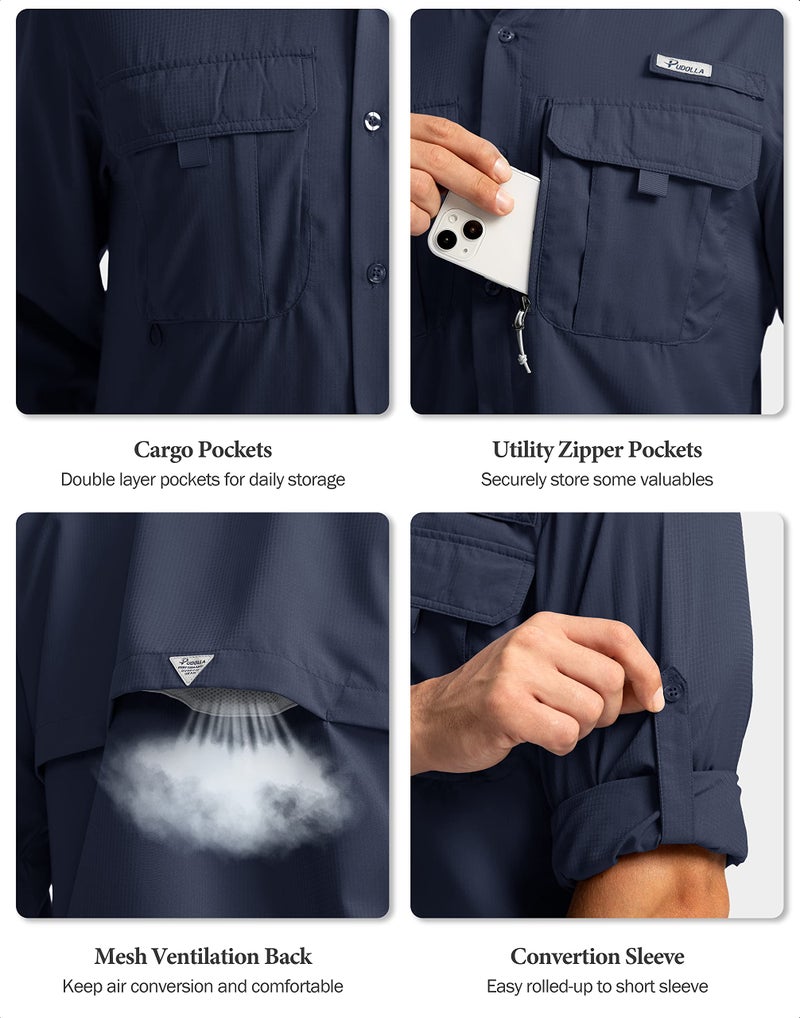 Pudolla Men's Sun Protection Fishing Shirts Long Sleeve Travel Work Shirts for Men UPF50+ Button Down Shirts with Zipper Pockets(Navy Medium) - Image 5