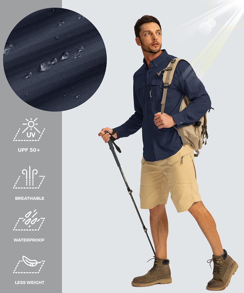 Pudolla Men's Sun Protection Fishing Shirts Long Sleeve Travel Work Shirts for Men UPF50+ Button Down Shirts with Zipper Pockets(Navy Medium) - Image 4