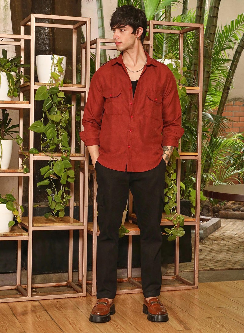 Campus Sutra Campus Sutra Men's Terracotta Brown Relaxed Utility Shirt For Casual Wear | Spread Collar | Long Sleeve | Button Closure | Shirt Crafted With Comfort Fit For Everyday Wear  - Image 5
