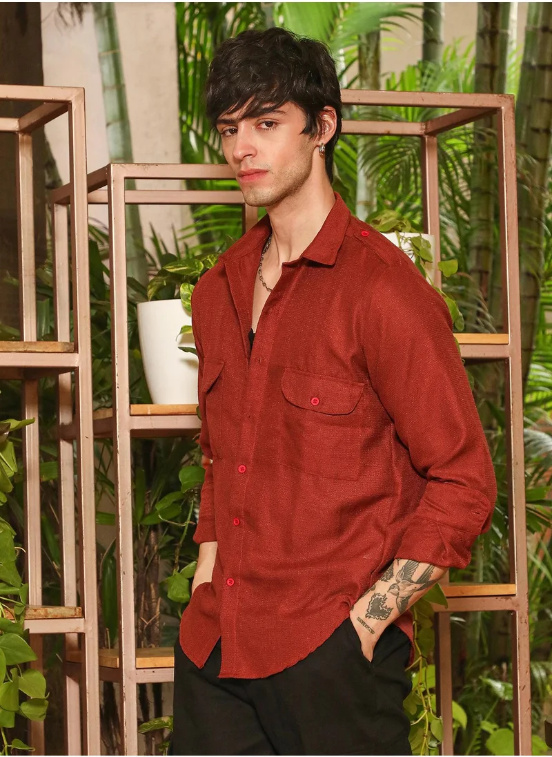 Campus Sutra Campus Sutra Men's Terracotta Brown Relaxed Utility Shirt For Casual Wear | Spread Collar | Long Sleeve | Button Closure | Shirt Crafted With Comfort Fit For Everyday Wear