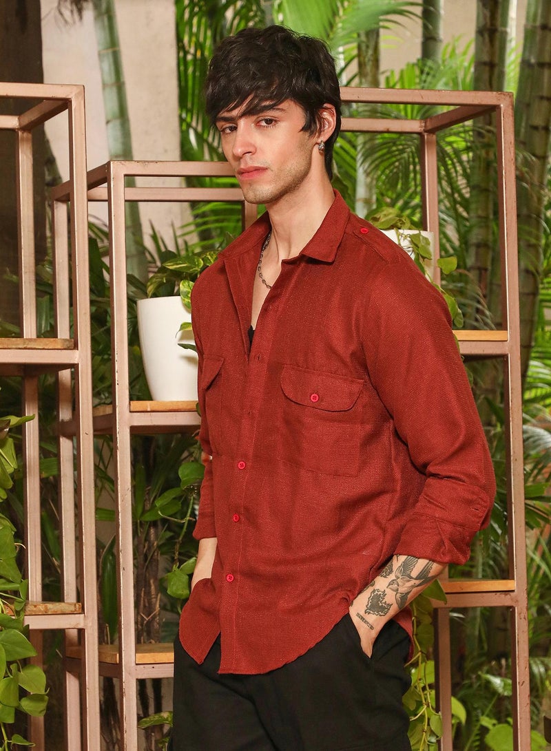 Campus Sutra Campus Sutra Men's Terracotta Brown Relaxed Utility Shirt For Casual Wear | Spread Collar | Long Sleeve | Button Closure | Shirt Crafted With Comfort Fit For Everyday Wear  - Image 2