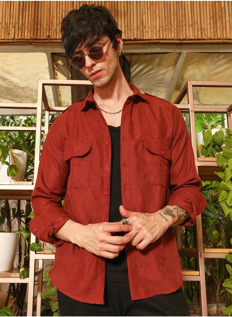 Campus Sutra Campus Sutra Men's Terracotta Brown Relaxed Utility Shirt For Casual Wear | Spread Collar | Long Sleeve | Button Closure | Shirt Crafted With Comfort Fit For Everyday Wear