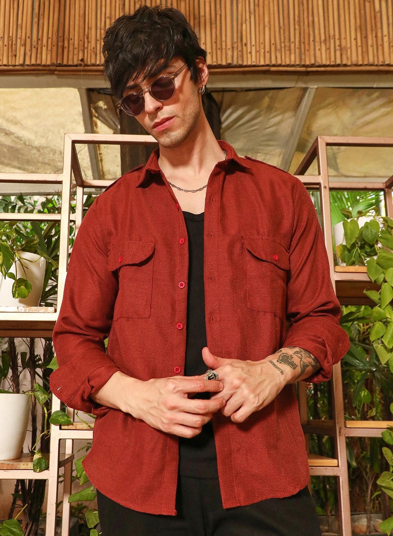 Campus Sutra Campus Sutra Men's Terracotta Brown Relaxed Utility Shirt For Casual Wear | Spread Collar | Long Sleeve | Button Closure | Shirt Crafted With Comfort Fit For Everyday Wear  - Image 1