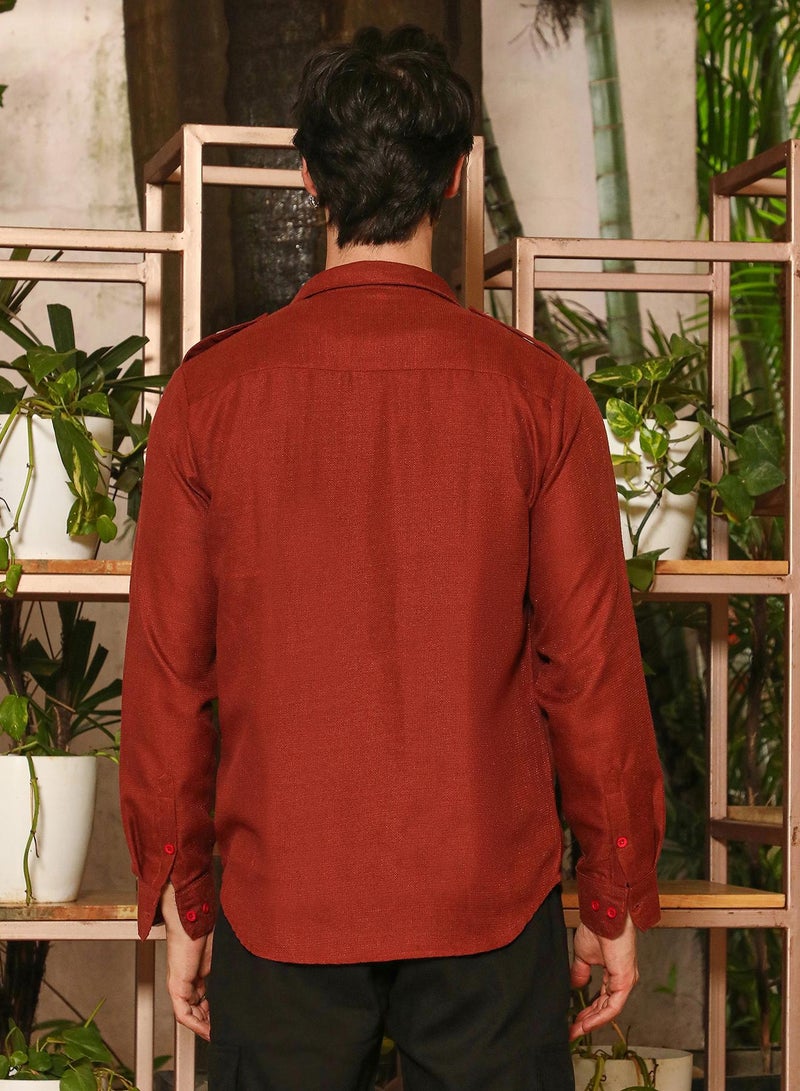 Campus Sutra Campus Sutra Men's Terracotta Brown Relaxed Utility Shirt For Casual Wear | Spread Collar | Long Sleeve | Button Closure | Shirt Crafted With Comfort Fit For Everyday Wear  - Image 3