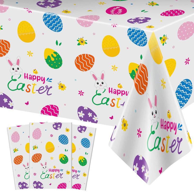 PERFQU 3 Pcs Easter TableclothHappy Easter Bunny Table Cover Disposable Plastic Rectangle Flower Colorful Eggs Table Cloth for Spring Day Tables Decorations and Party Supplies Favors 54 x 108 Inch