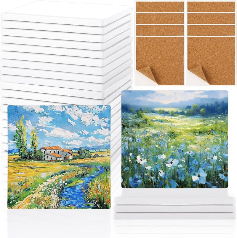APACALI Ceramic Coasters Set of 25, 10 x 10cm / 4 x 4Inch Ceramic Tiles, Square Ceramic Coasters with Cork Backing Pads, Sublimation Coasters Blank for Inks Art Painting DIY - Image 1
