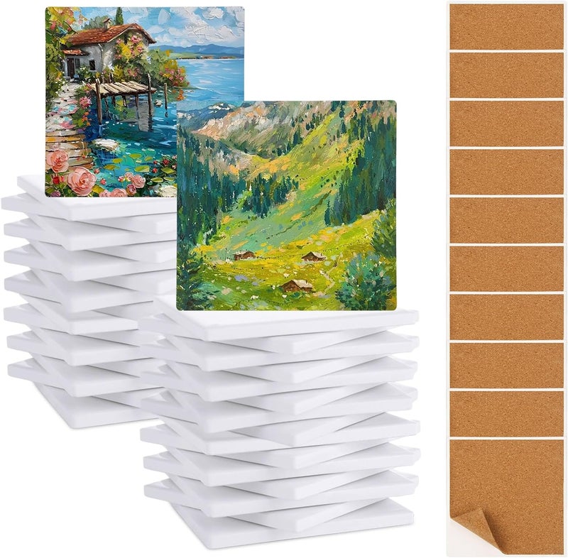 APACALI Ceramic Coasters Set of 25, 10 x 10cm / 4 x 4Inch Ceramic Tiles, Square Ceramic Coasters with Cork Backing Pads, Sublimation Coasters Blank for Inks Art Painting DIY - Image 5