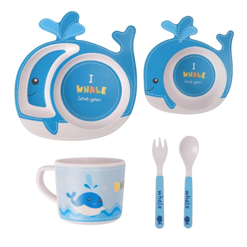 Deepashri™ Baby Feeding Essentials Set |Soft Spoon & Fork - Divided Suction Plate, Suction Bowl, Sippy Cup, BPA-Free, Dishwasher Safe - Whale Blue (Set of 5). - Image 1