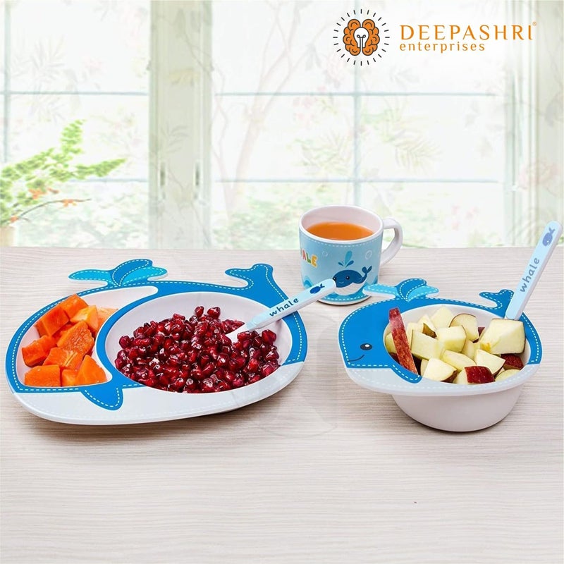 Deepashri™ Baby Feeding Essentials Set |Soft Spoon & Fork - Divided Suction Plate, Suction Bowl, Sippy Cup, BPA-Free, Dishwasher Safe - Whale Blue (Set of 5). - Image 2