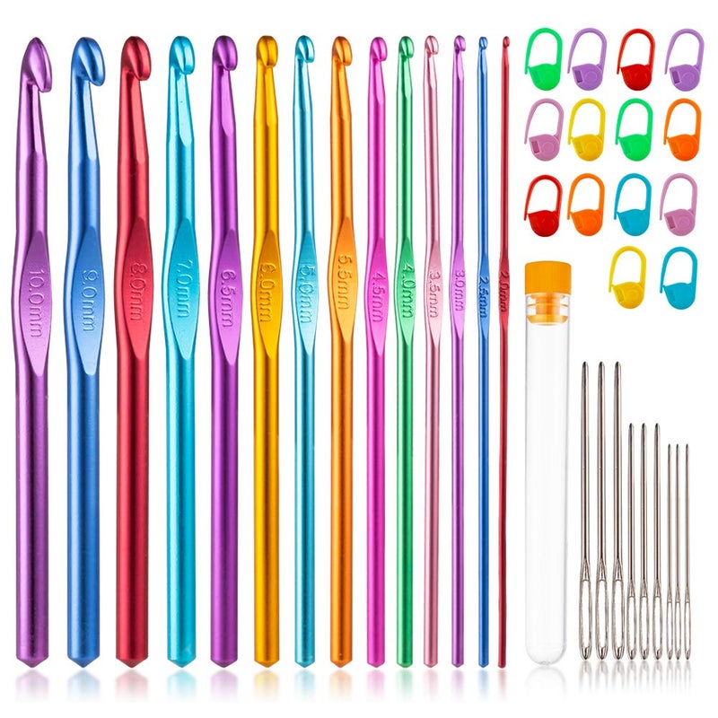 Vodiye 14 Sizes Crochet Hooks Set 20100mm Colorful Metal Crochet Needles Ergonomic for Comfortable Crocheting