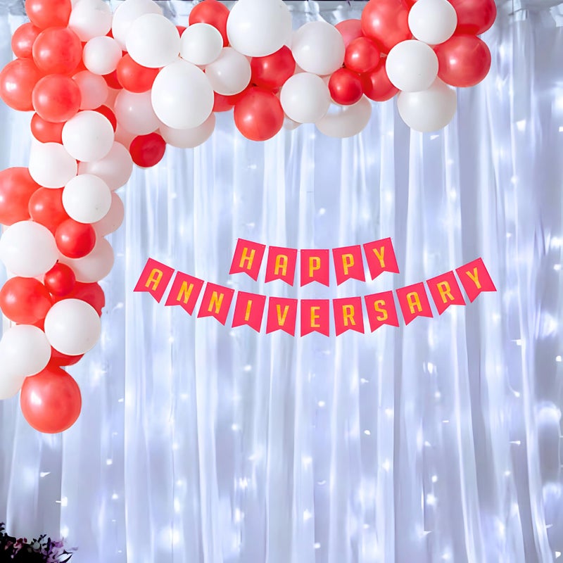 1iAM Happy Anniversary Decoration Combo Including 1pc Happy Anniversary Banner, White Net, Rice Light, Balloon Arch & 40pcs Metallic Balloons | Cabana Canopy Decoration (Red, White | Set of 44) - Image 1