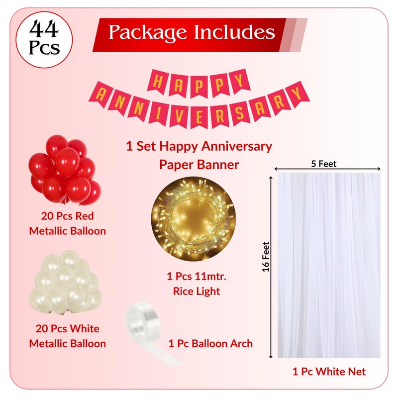 1iAM Happy Anniversary Decoration Combo Including 1pc Happy Anniversary Banner, White Net, Rice Light, Balloon Arch & 40pcs Metallic Balloons | Cabana Canopy Decoration (Red, White | Set of 44) - Image 2