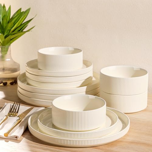 TheTerra Ceramic Dinnerware Sets for 4, 12 Pieces Porcelain Lightweight Plates and Bowls Sets, Scratch Resistant Dish Set, Oven & Microwave & Dishwasher Safe, Beige - Image 1