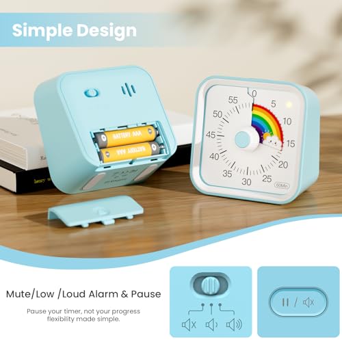 InfPokid Visual Timer for Kids with Pause Function, Cute Silent Timer with Rainbow for Classroom, Teaching, Task, Kitchen, 60 Minute Countdown Time Management for ADHD (Rainbow Blue) - Image 5