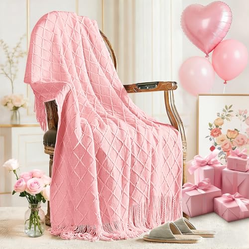 inhand Pink Knitted Throw Blanket for Couch BedMothers DayMom Birthday Gifts for Mom from Daughter SonRomantic Decor for Her Him Girlfriend Wife Farmhouse Warm Woven for Women60x80 - Image 1