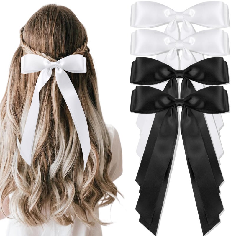 vivinin 4pcs Solid Silky Satin Hair Accessories Bows with Long Tails Daily Wear Clips for Women and Girls White and Black Gifts