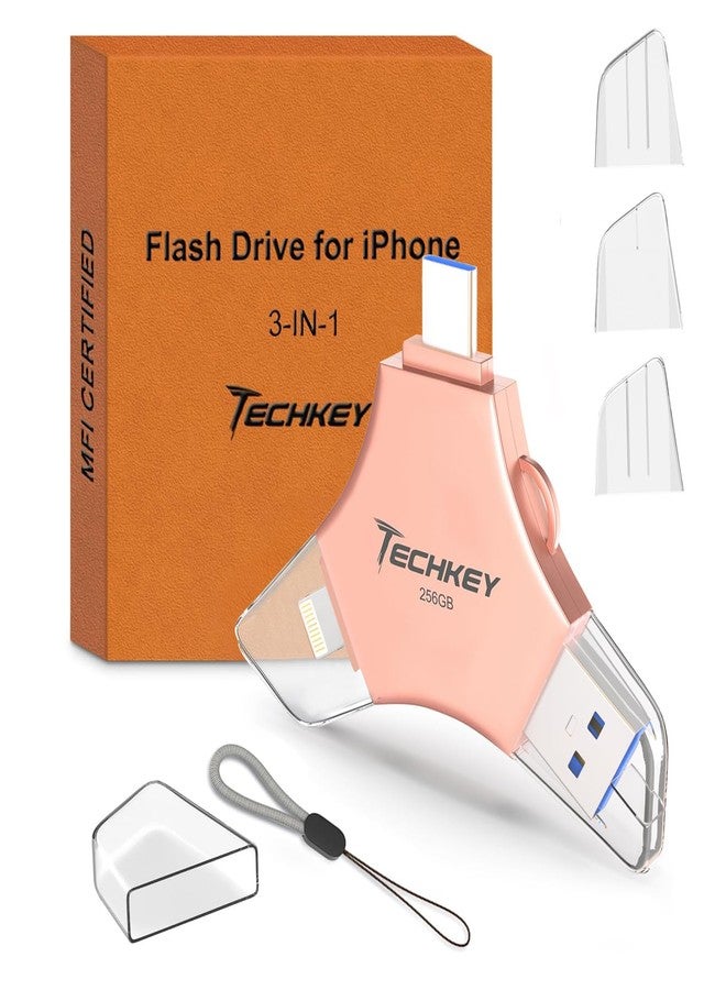 TECHKEY USB 3.0 Flash Drive for iPhone 256GB: MFi Certified 3in1 External Memory Photo Keeper Storage Stick for Picture/Video/Data Saver/Backup High Speed Thumb/Jump/Hard Drive for iPad/Android/PC -Pink - Image 1