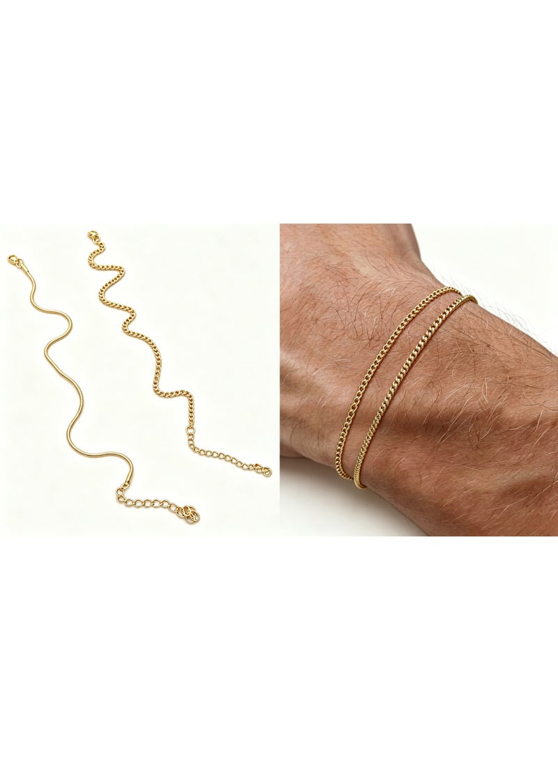 2pcs Gold Bracelets For Women/Men, Double Layer Figaro Bracelets, 2mm Cuban Snake Bracelets For Women Men - Image 1
