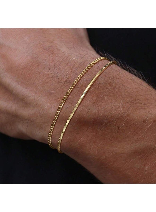 2pcs Gold Bracelets For Women/Men, Double Layer Figaro Bracelets, 2mm Cuban Snake Bracelets For Women Men - Image 2