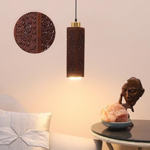 Green House Fully Handmade Sheesham Wood Hanging/Ceiling/Pendant Light | Intricate Carving | 9W in-Built Warm White LED | Brass Rivets | Perfect for Bedroom, Kitchen, Dining Room, Hallway - Image 1