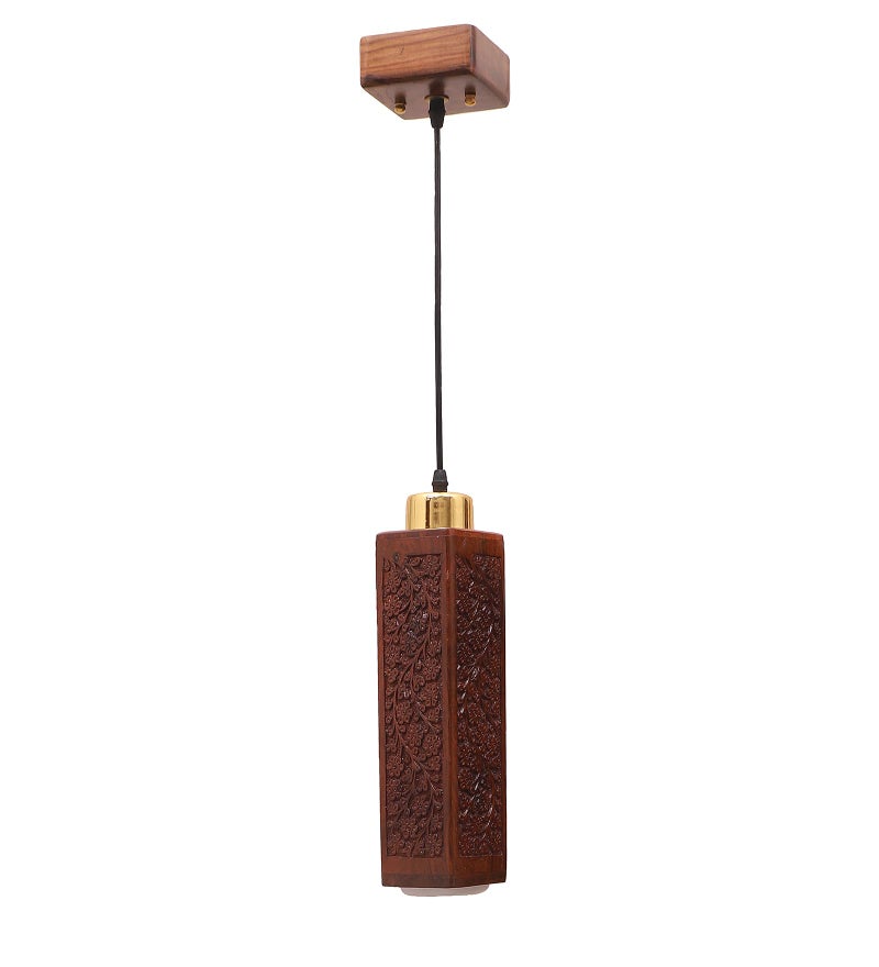 Green House Fully Handmade Sheesham Wood Hanging/Ceiling/Pendant Light | Intricate Carving | 9W in-Built Warm White LED | Brass Rivets | Perfect for Bedroom, Kitchen, Dining Room, Hallway - Image 5
