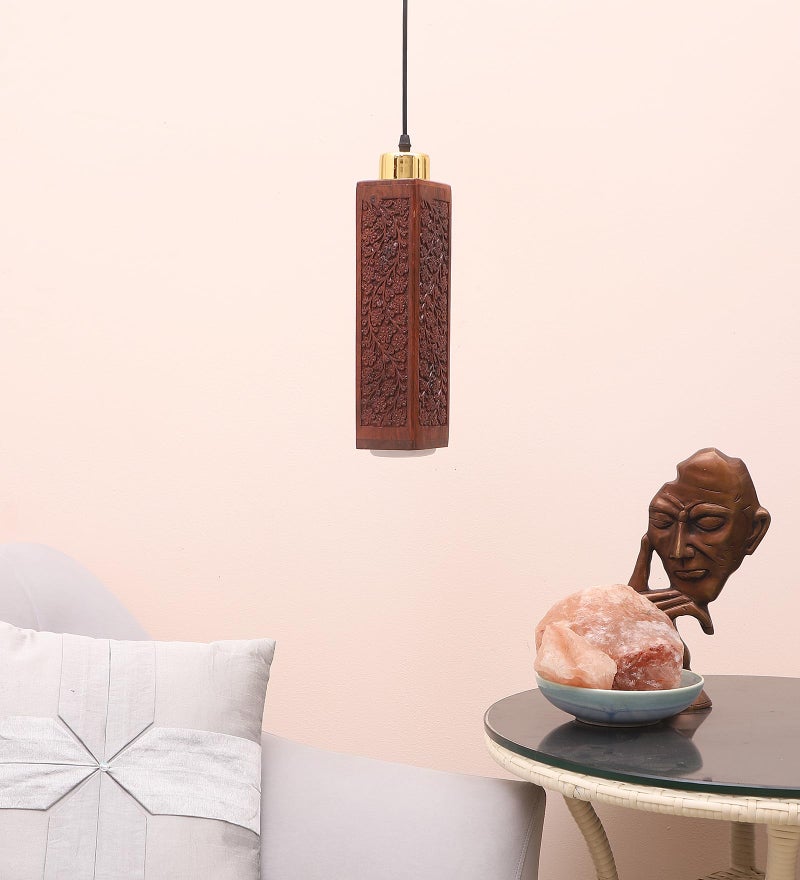 Green House Fully Handmade Sheesham Wood Hanging/Ceiling/Pendant Light | Intricate Carving | 9W in-Built Warm White LED | Brass Rivets | Perfect for Bedroom, Kitchen, Dining Room, Hallway - Image 3