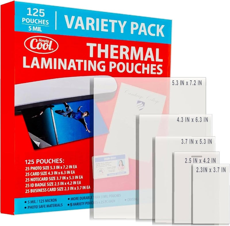 Simply Cool 5MIL Thermal Laminating Sheets (125 Count) Photo, Card, Notecard, ID Badge, and Business Card Sizes, Dry-Erase Friendly Laminating Pouches, Compatible with Laminators, Crystal Clear Laminated Finish - Image 1