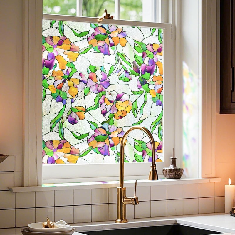 ADD.HERES 3D Stained Glass Window Film, Decorative Window Privacy Film for Bathroom,Front Door,Home, Sun Blocking Heat Control,Static Cling, Viola Tricolor 23.6inch x 35.4inch - Image 1