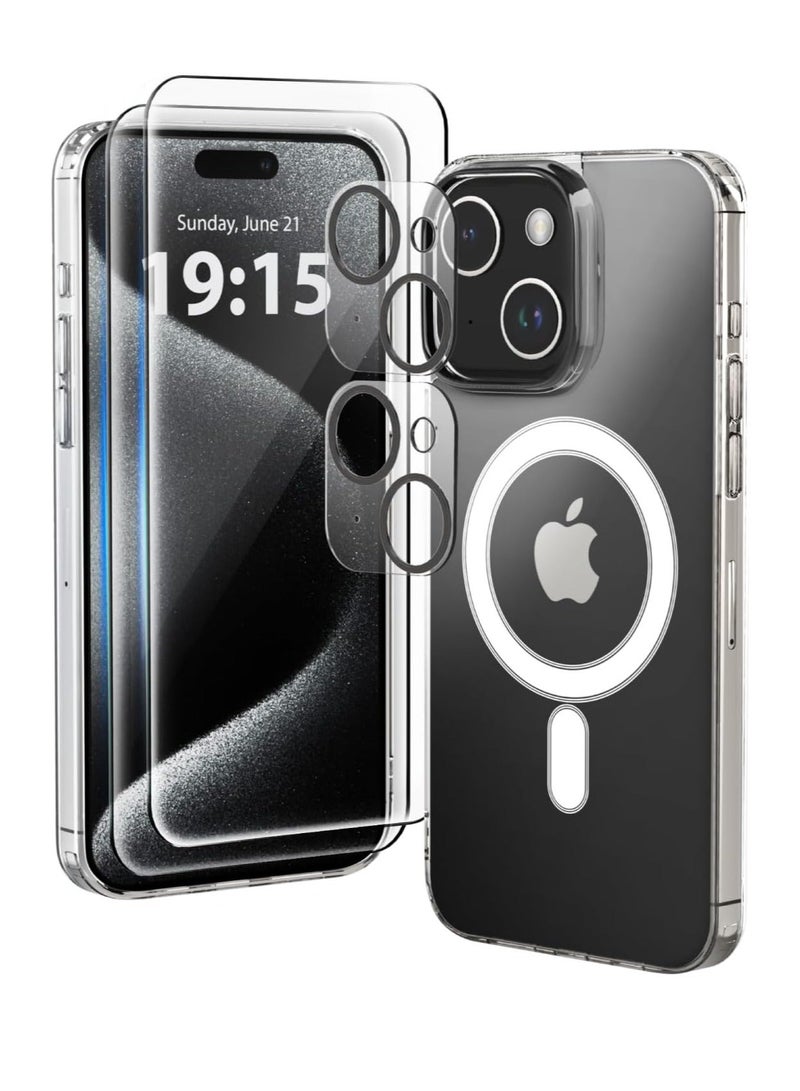 MUNTAQI --5 in 1 MagSafe compatible iPhone 14 Case, Clear Case [Military Grade Protection] with 2X Tempered Glass Screen and 2X Camera Lens Protectors, Shockproof and Air-guard Corners - Image 1