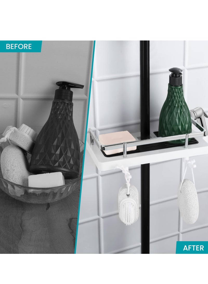 KASTWAVE رف دش حمام مزدوج - حاملة دش / تنظيم بدون حفر لحوامل دش تخزين للصابون والشامبو - رف دش معلق مع خطاف رأس الدش يناسب قضيب الدش 21 مم - 25 مم - Image 4