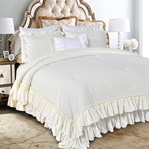 Masaca Shabby King Size Comforter Set, Farmhouse Ivory Bedding Ruffled Comforter Set King,Lightweight Vintage Rustic Bedding 3 Pcs (1 Shabby Comforter and 2 Pillowcases) - Image 1