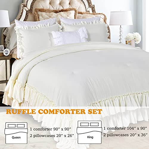 Masaca Shabby King Size Comforter Set, Farmhouse Ivory Bedding Ruffled Comforter Set King,Lightweight Vintage Rustic Bedding 3 Pcs (1 Shabby Comforter and 2 Pillowcases) - Image 2