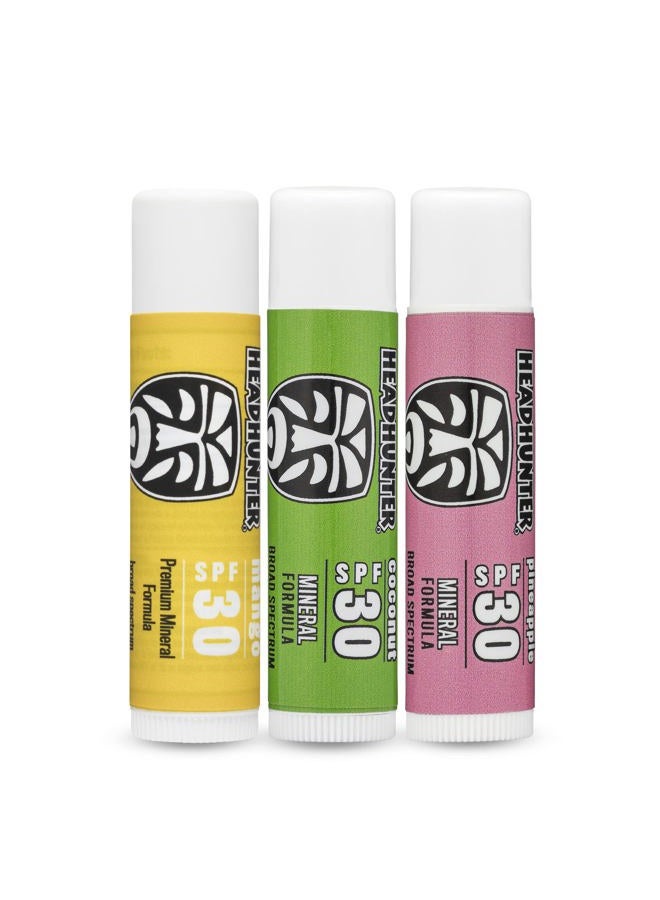 Headhunter Sport Chapstick Sunscreen SPF 30, Natural Mineral Waterproof Lip Balm For Sun Protection, Ultra Solar Defense - Reef Safe Sunblock Chap Stick, 3 Flavors - Coconut, Pineapple, Mango (3 Pack) - Image 1