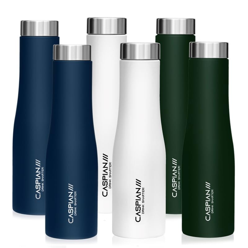 CASPIAN /// Aqua Stainless Steel Water Bottle (Blue, White & Green, 1 Litre, Set of 6)| Leak Proof Thunder for Fridge Home Office Travel School Kids Boys Girls Adults Sports Gym Yoga - Image 1