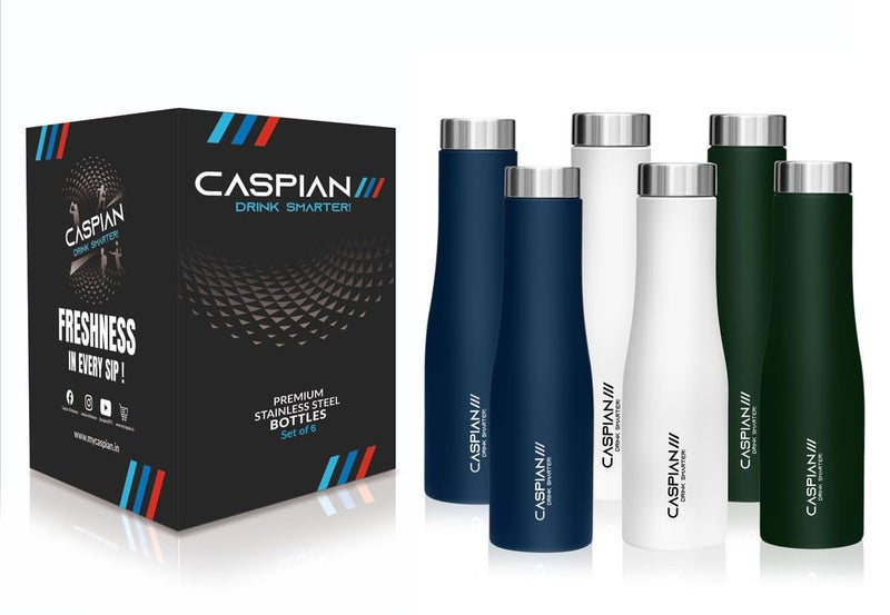 CASPIAN /// Aqua Stainless Steel Water Bottle (Blue, White & Green, 1 Litre, Set of 6)| Leak Proof Thunder for Fridge Home Office Travel School Kids Boys Girls Adults Sports Gym Yoga - Image 2