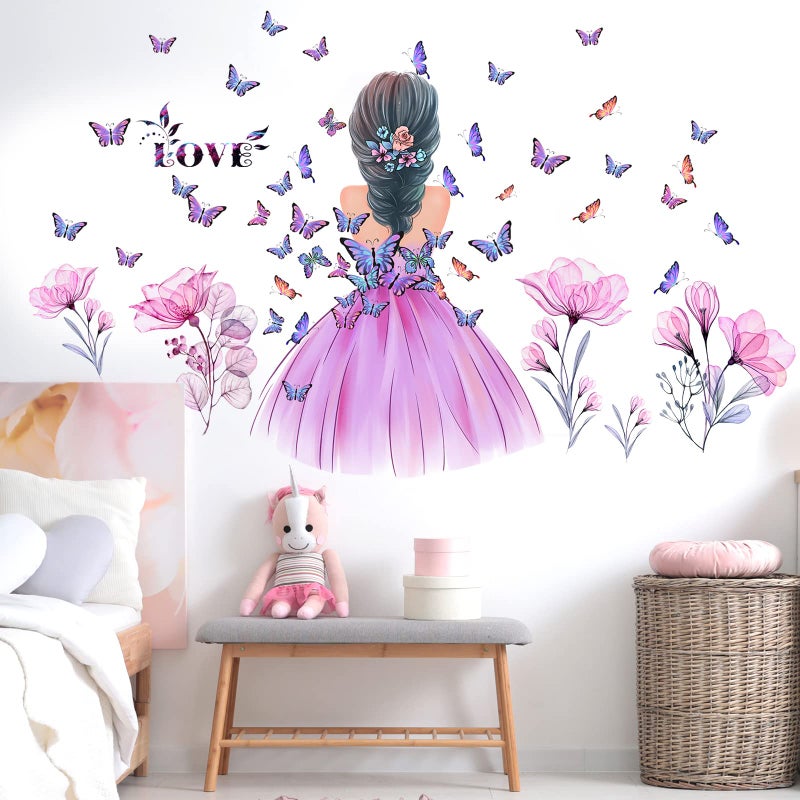 Amtoodopin Butterfly Girl Wall Stickers Flower Fairy Wall Decal Pink Floral Wallpaper Colorful Butterflies DIY Removable Vinyl Wall Art for Girls Baby Nursery Bedroom - Image 4