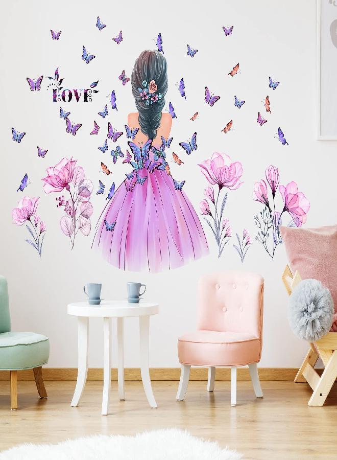 Amtoodopin Butterfly Girl Wall Stickers Flower Fairy Wall Decal Pink Floral Wall Mural Colorful Butterflies Wall Decor DIY Removable Vinyl Wall Art for Girls Baby Nursery Bedroom Playroom