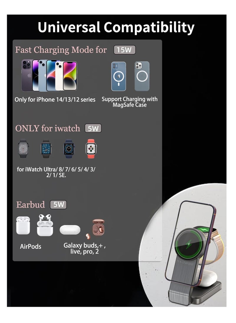 NeotrixQI Magnetic Wireless Charger Mag Safe Charger Stand Foldable Wireless Charging Station for Iphone 15 14 13 Pro Max Charging Station for Iwatch 9 8 Iphone and Watch Charger Stand for Airbuds  - Image 2