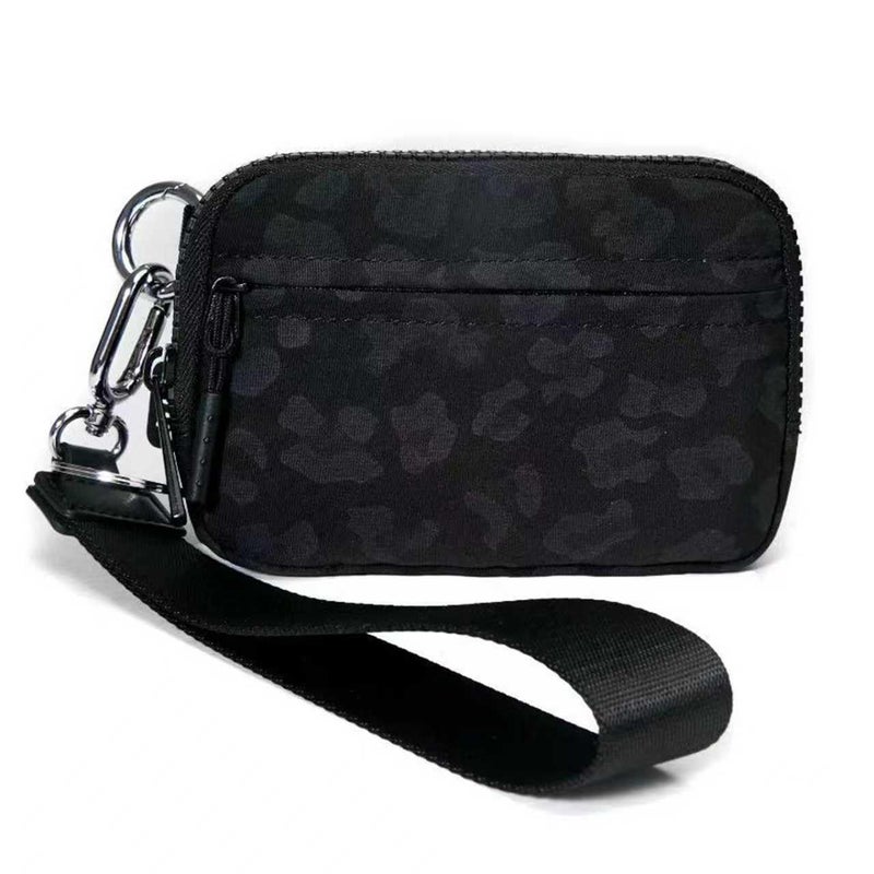YDF 2nd Gen RFID Blocking Small Wallet for Women, Nylon Wristlet Coin Purse with ID Window & Lipstick Holder, 3-Zipper Mini Keychain Pouch Black Leopard Print