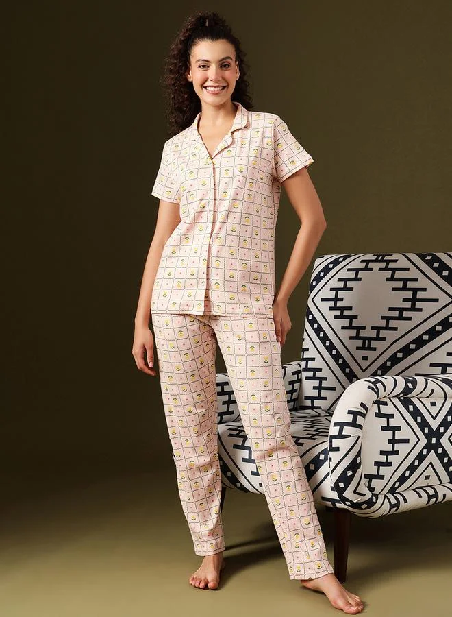 Clovia Flower Print Buttoned Shirt and Pyjama Set